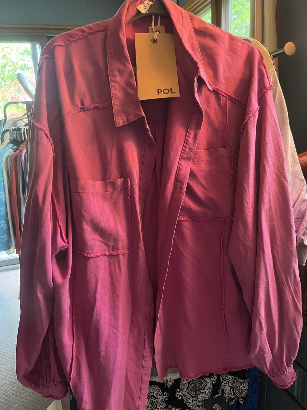 POL relaxed button-up shirt in deep magenta